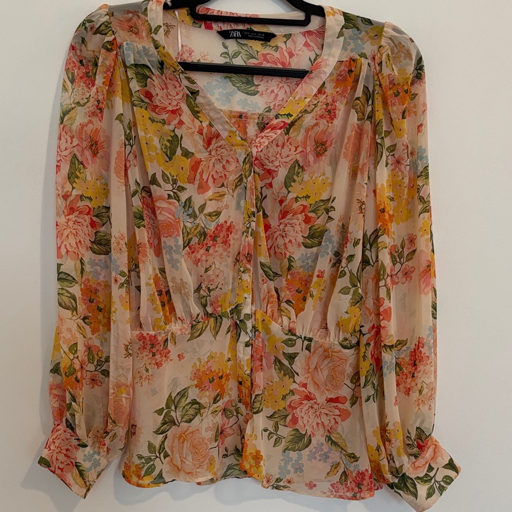 Zara Floral Sheer Blouse - Pink and Yellow